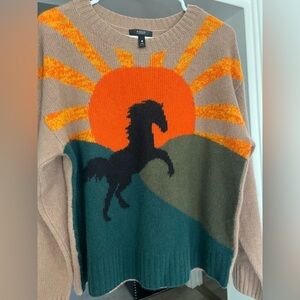 AQUA Women's Sweater with Horse and Sunset Design - Multicolor